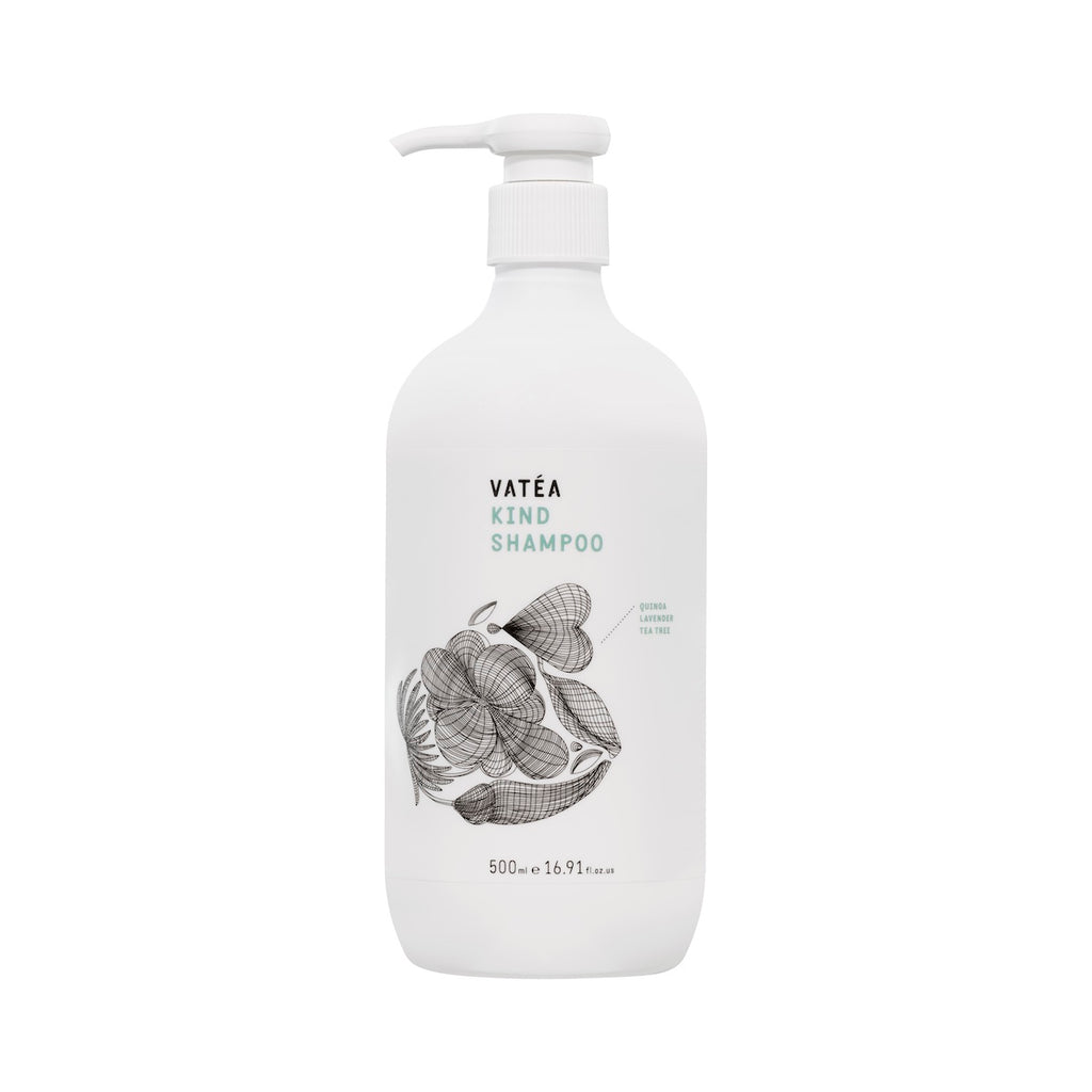VATÉA Kind Shampoo, is a gentle, hormone safe, colour safe, natural shampoo suitable for all hair types. Infused with plant extracts and oils including virgin coconut oil, aloe vera and quinoa to soften and naturally enhance tired looking hair. 